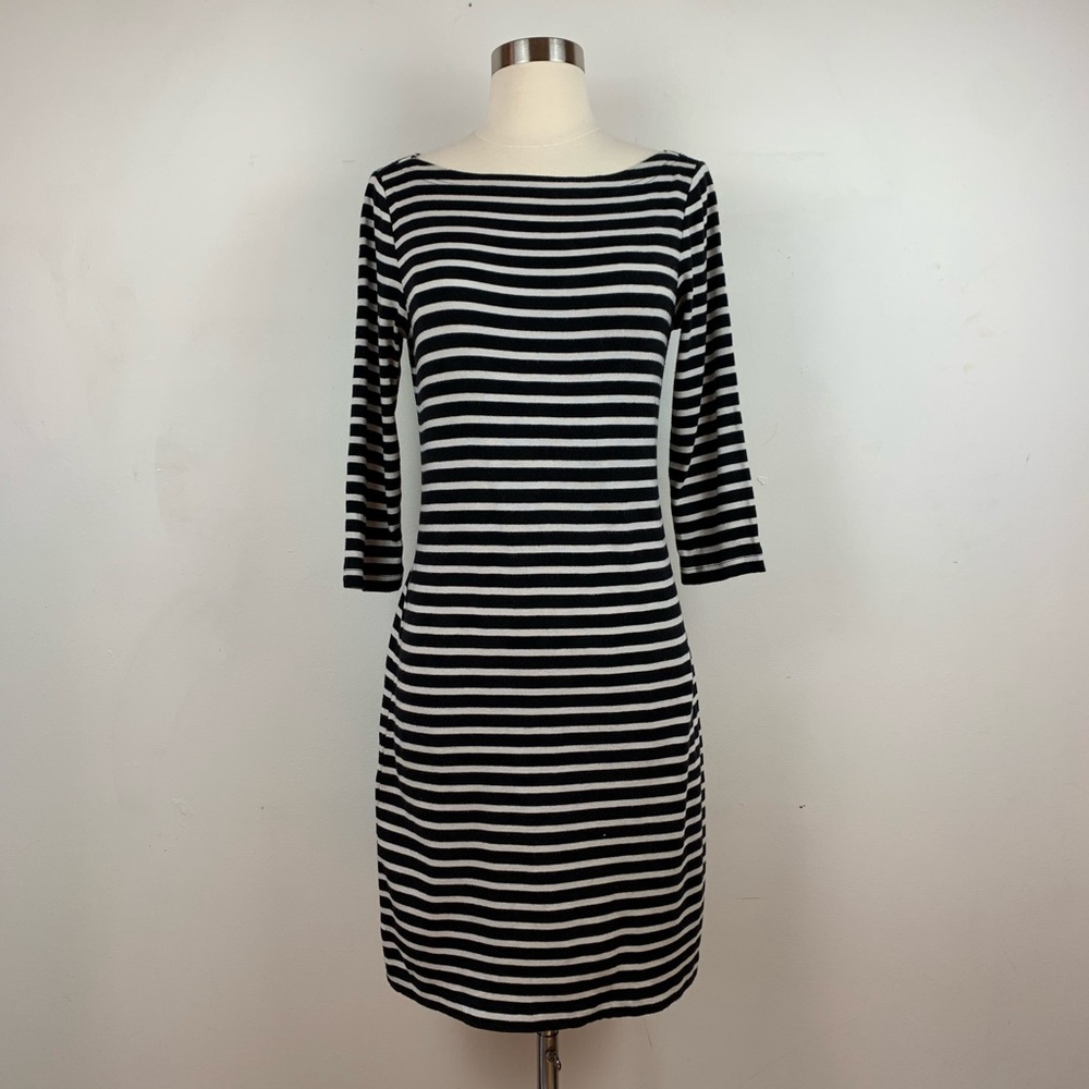 3/4 Sleeve Cotton Black & White Stripe Boatneck Dress